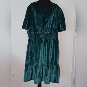 French Connection Emerald Green Velvet Tiered Dress with Smocked Waist